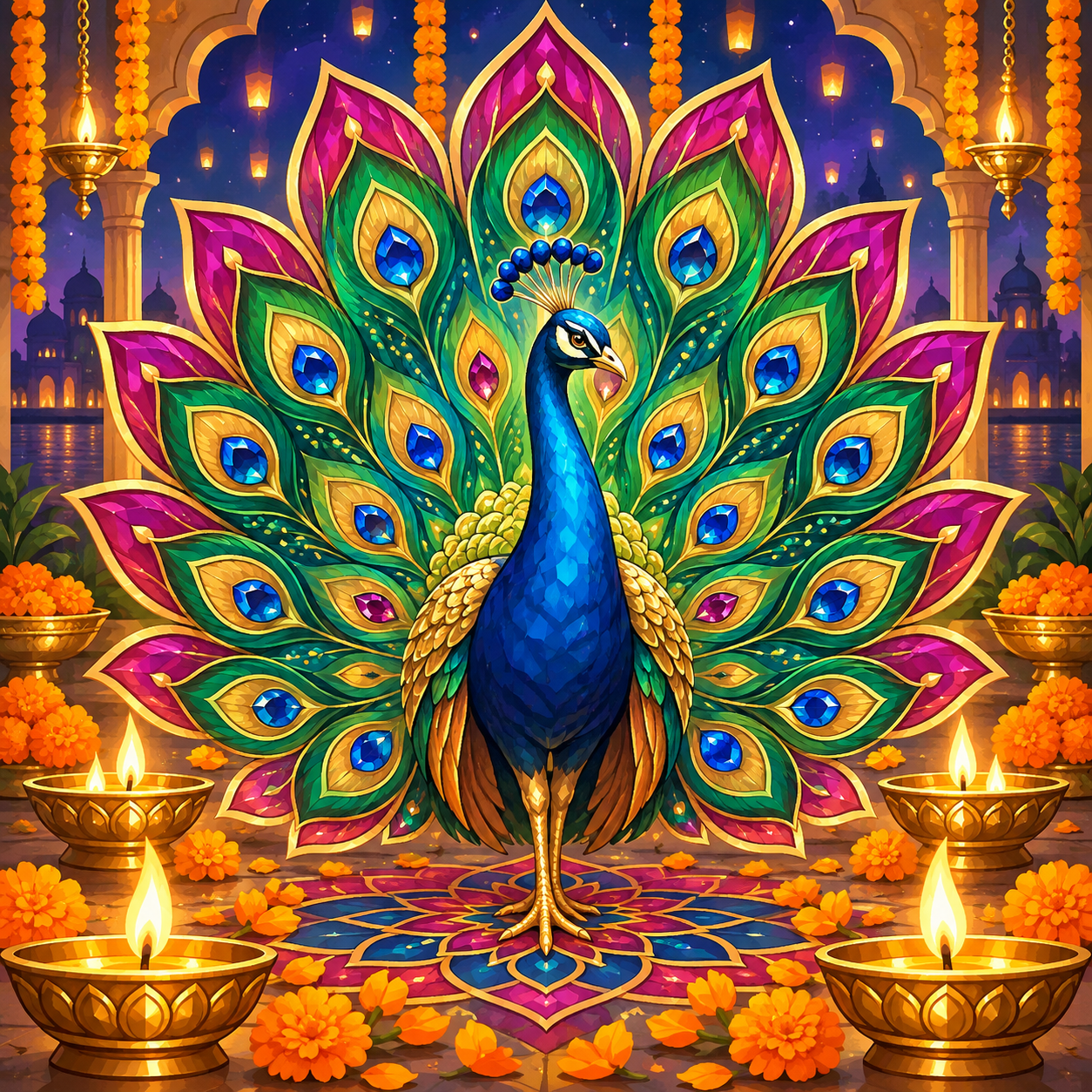 Jeweled Diwali Peacock diamond art design