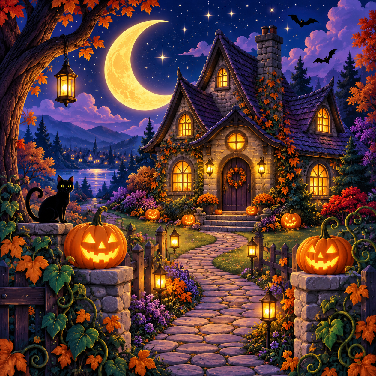 Moonlit Pumpkin Cottage diamond art design