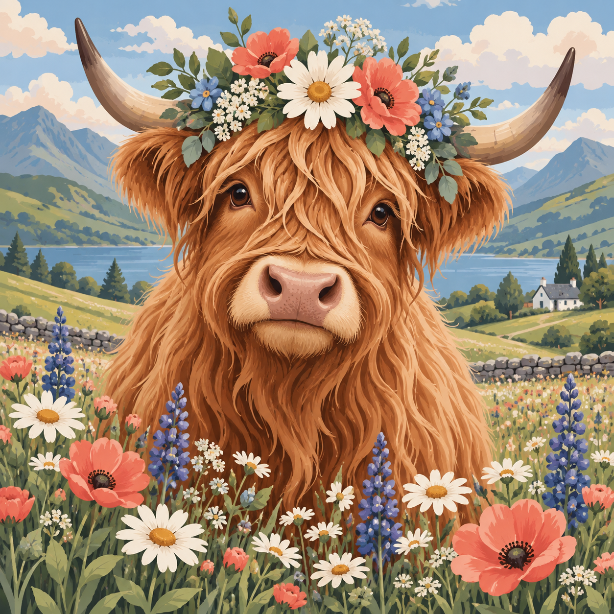 Highland Cow in Wildflowers diamond art design
