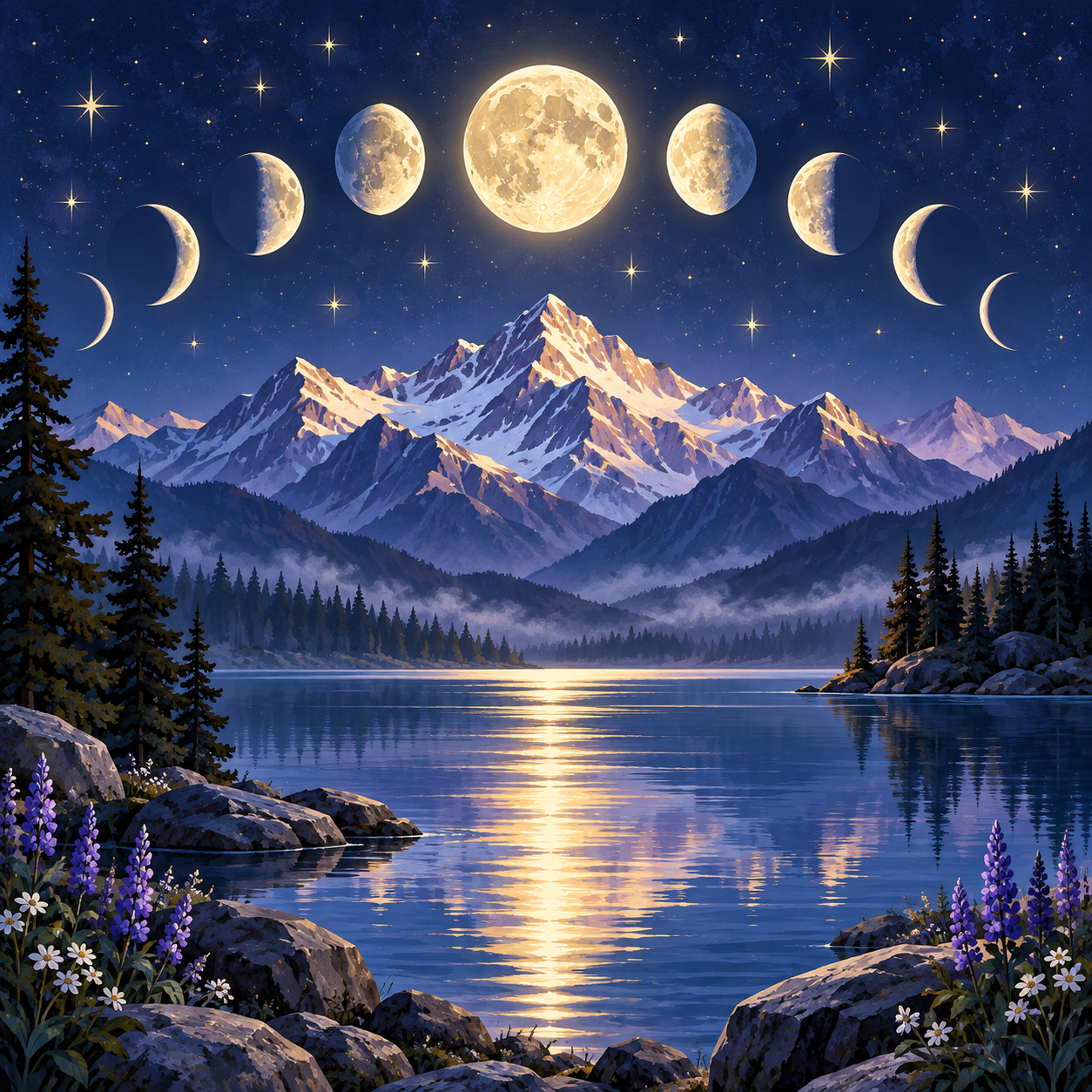 Moon Phases over Mountains diamond art design
