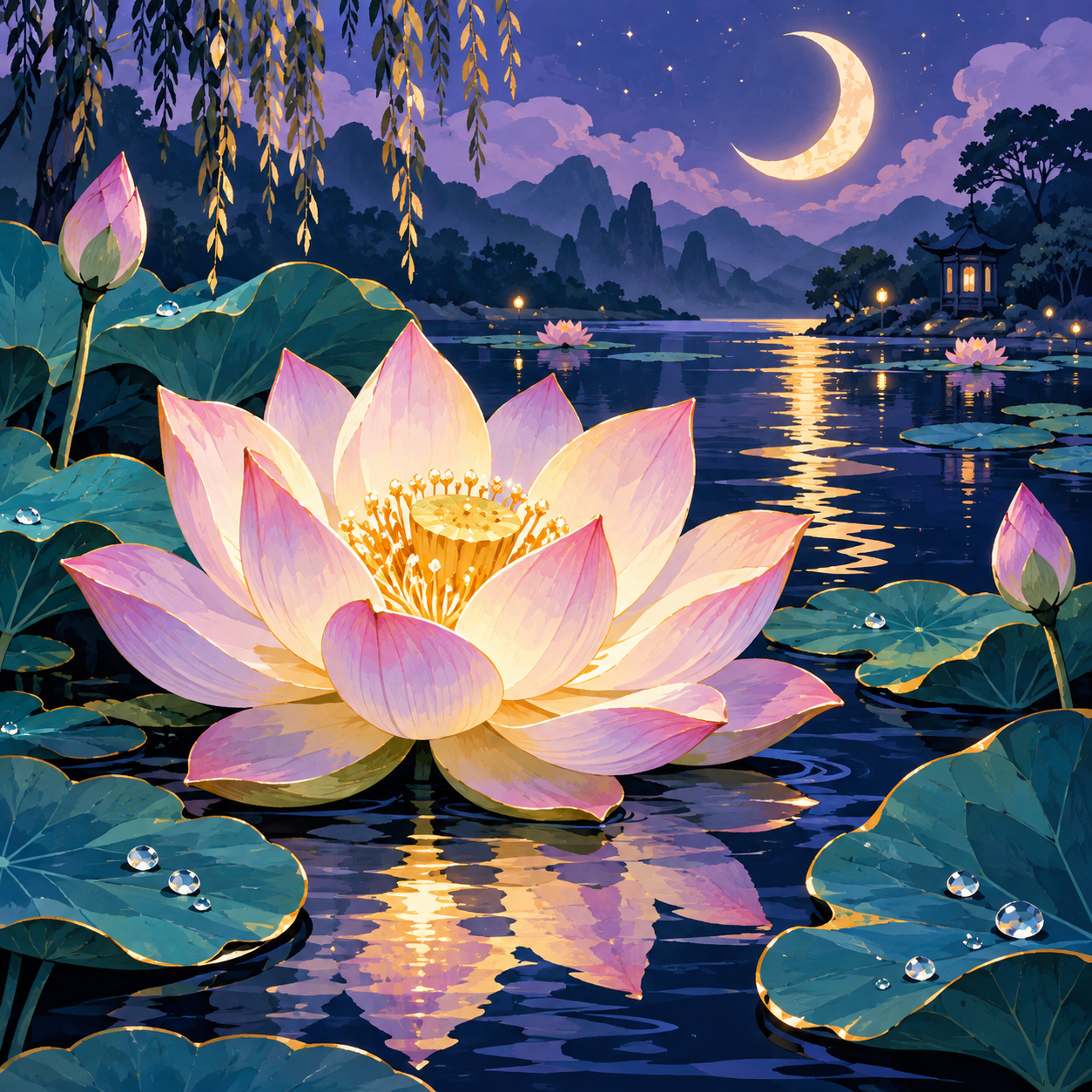 Moonlit Lotus Garden diamond art design