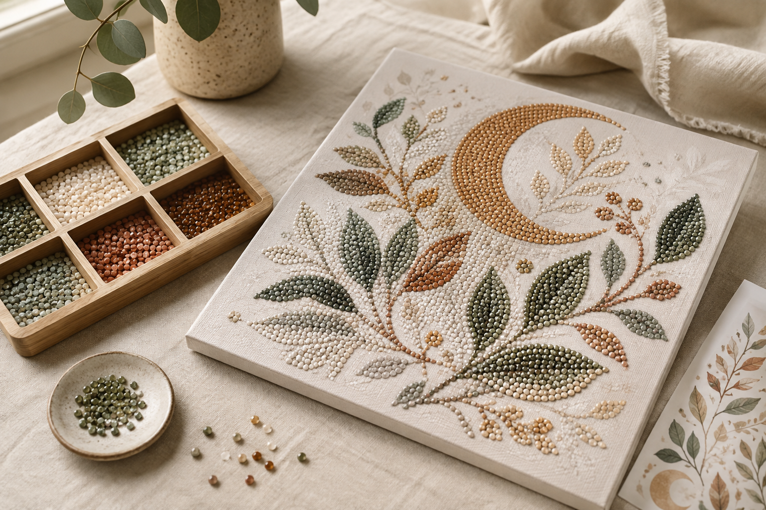 Botanical moon diamond art kit in calming natural colors